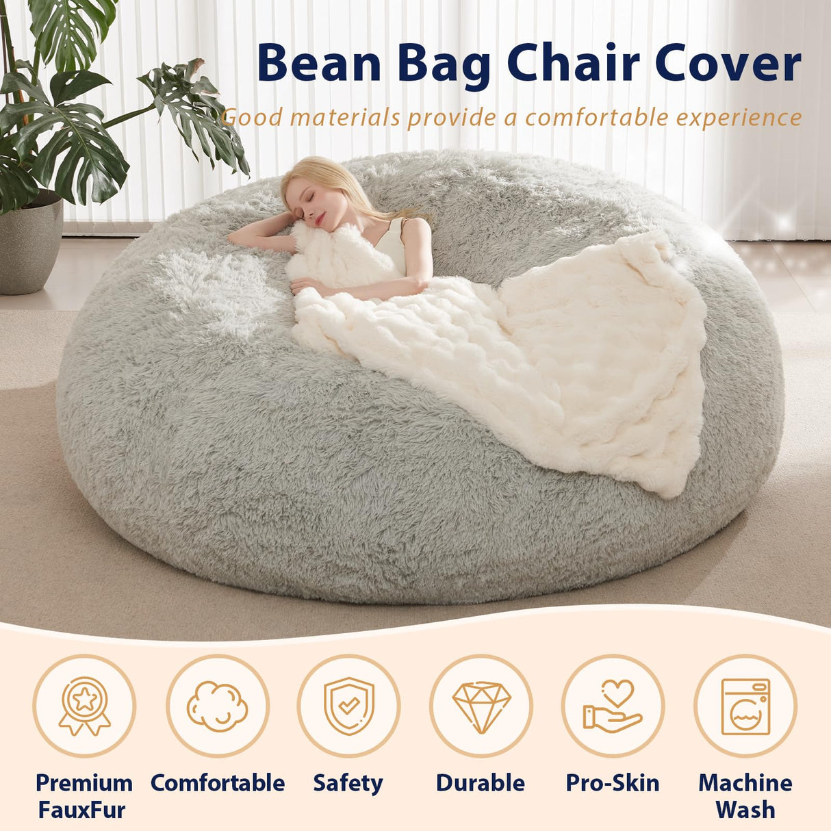 Bean Bag Chair Cover, Waterproof Faux Fur Bean Bag Cover Only(No Filler), 5FT Round Beanbag Chair with Pocket, Big Giant Bean Bags Chairs for Adults Kids Teens, Stuffed Animal Storage ODreamyDogs