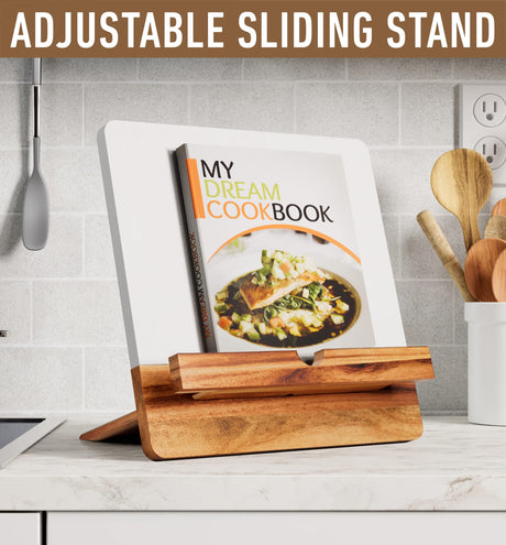 Acacia Cookbook Stand for Kitchen Counter - 12" x 12" Large Adjustable Non-Slip Acacia Wood Book Stand for Cookbooks - Collapsible for Easy Storage - Extra Large Recipe Book Holder for Kitchen Counter HB Design Co.