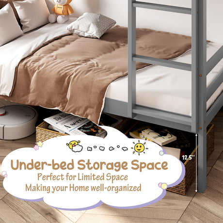 KOMFOTT Wood Bunk Bed Twin Over Twin, Bunk Bed with Ladder & Safety Guardrail, Solid Wood Bed Frame, Ideal for Dormitory & Multiple-Child Family, No Box Spring Needed, Kids Bunk Bed KOMFOTT