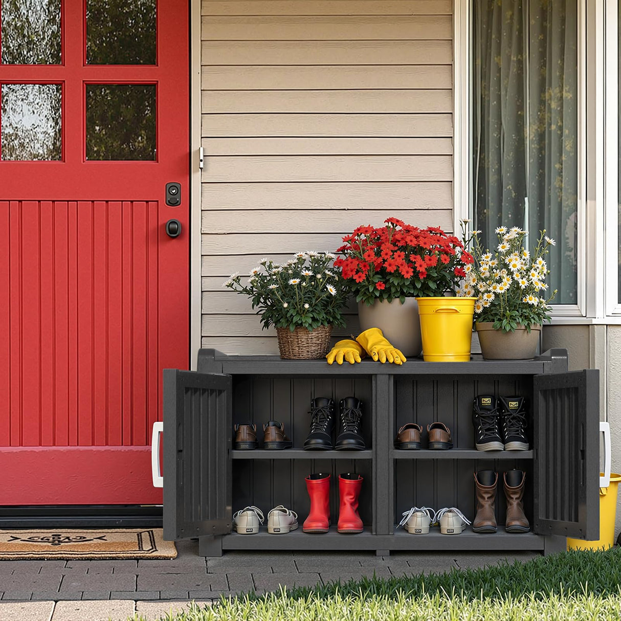 ROJIK Shoe Cabinet Waterproof UV-Resistant,Storage Bench Indoor Outdoor with Adjustable Shelves,for Entryway Bedroom,Hallway,Living Room(Double Door,Black) ROJIK