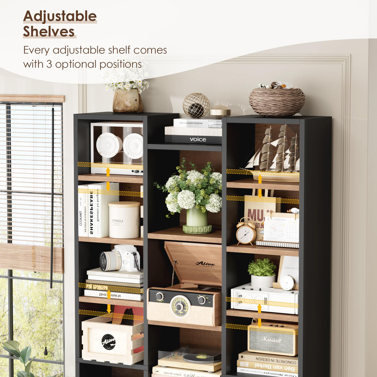 FOTOSOK 71’’ Tall Bookshelf, Triple Wide Bookshelf with Adjustable Shelves, 8 Tier Media CD DVD Storage Tower Rack, Diaplay Cabinet Shelf, Cube Storage Organizer Shelf for Home Office, Black/Brown FOTOSOK