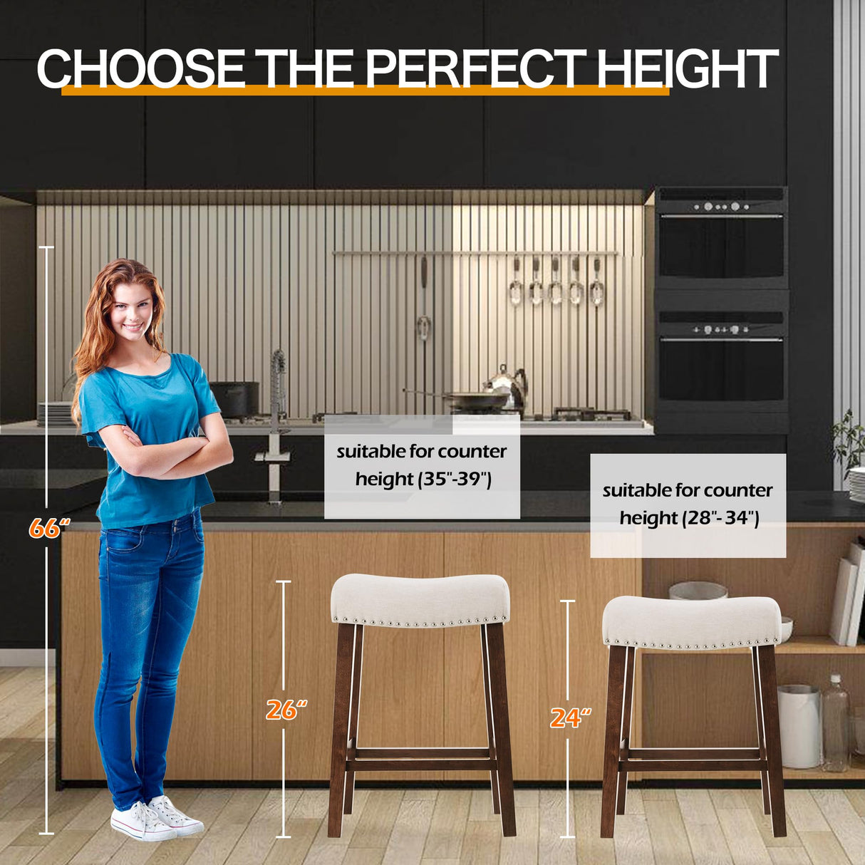 Larksperal 26" Counter Height Bar Stools - Modern Backless Kitchen Island Saddle Barstools Chairs with Footrest, Solid Wood Legs & Nailhead Trim Linen Fabric Cushion, Beige, Set of 4 Larksperal