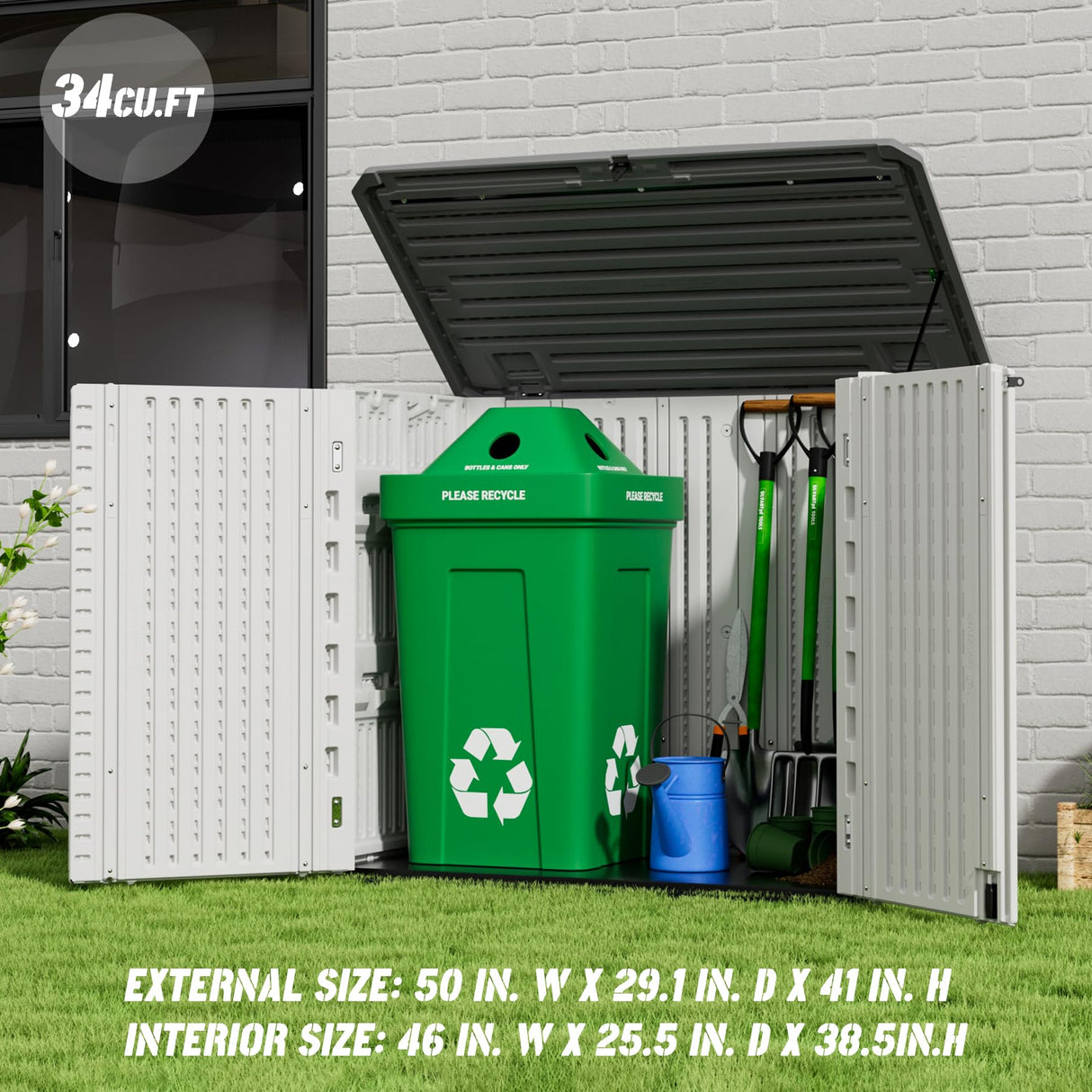 Mrosaa Outdoor Patio Storage Shed,Waterproof Horizontal Outdoor Storage Cabinet for Garbage Cans,Tools and Lawnmower Lockable(34 Cu.ft-Warm-White) Mrosaa