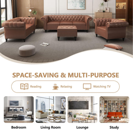 RUSTYER Chesterfield 3 Seater Sofa, Modern Leather Tufted Couch 3 Seater with Rolled Arms and Nailhead Mid-Century Upholstered Couch for Living Room, Bedroom, Apartment and Office, Brown RUSTYER