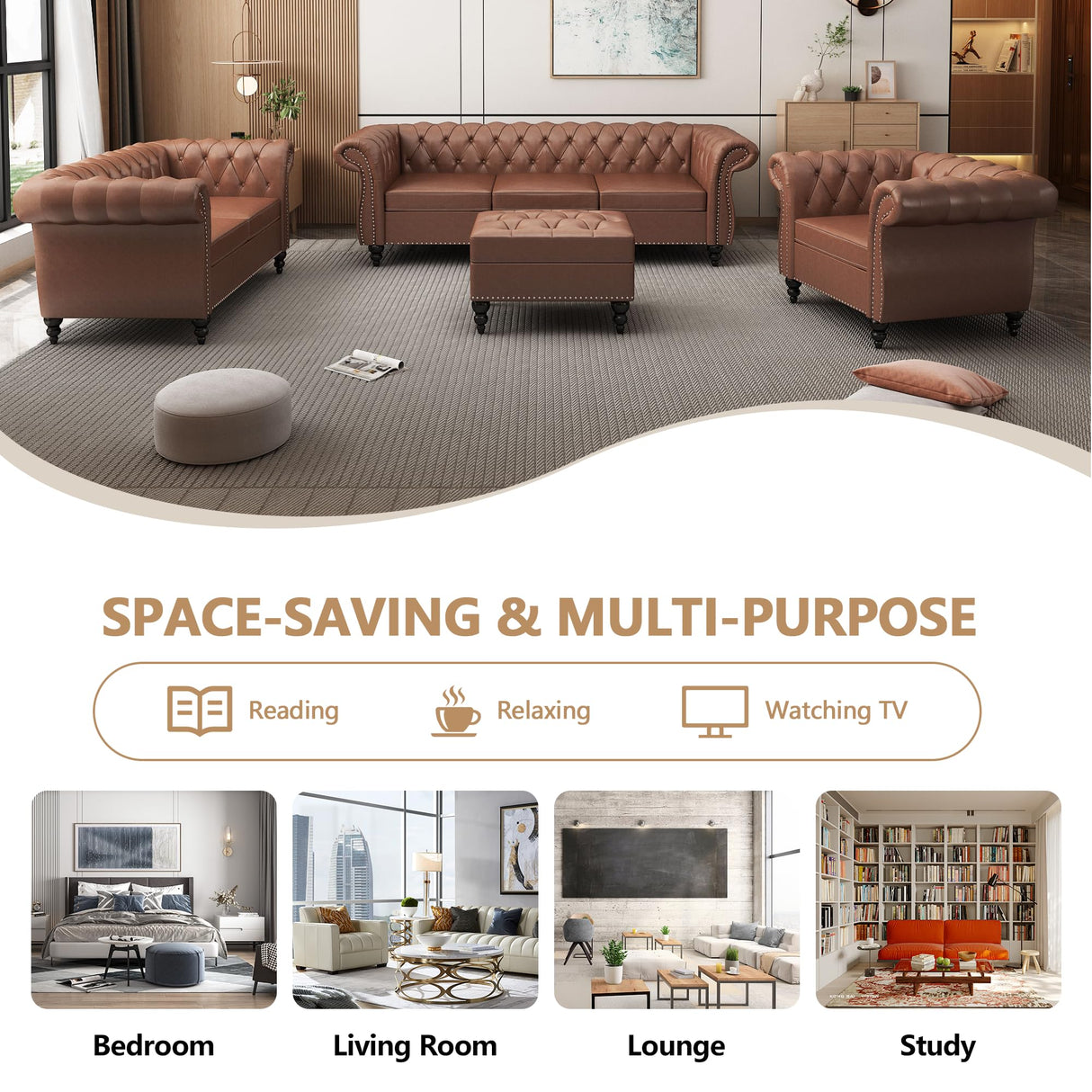 QHITTY 3 Piece Living Room Set, Sectional Chesterfield Sofa Chair Contemporary Upholstered Leather Loveseat Couch Sets for Living Room, Bedroom, Office QHITTY