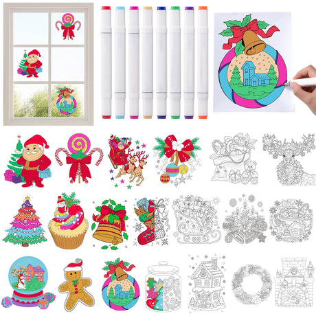 Leinuosen 28 Pcs Color Your Own Window Clings with Markers Stain Glass Craft DIY Paint Kit Window Art Fun Activities Crafts Sun Catcher for Adults Women Home Decor(Christmas) Leinuosen