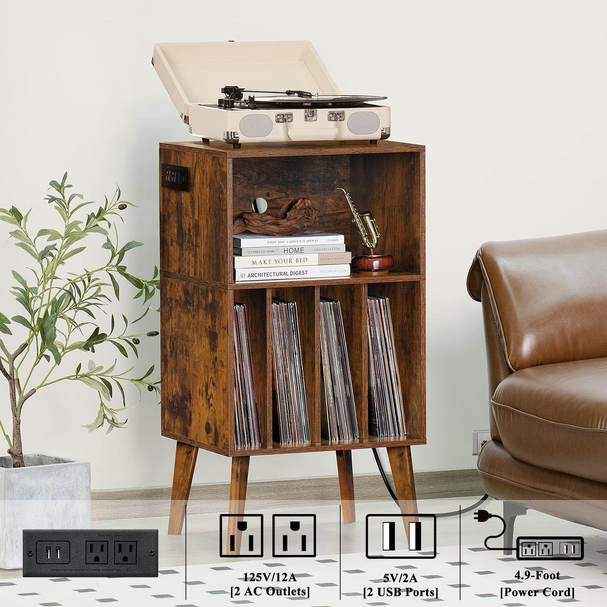 Lerliuo Record Player Stand with Charging Station, Brown Turntable Stand Holds up to 160 Albums, Mid-Century Vinyl Storage Cabinet Table with Wood Legs, Record Holder Dispaly Shelf for Living Room Lerliuo