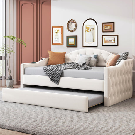 Merax Twin Size Day Bed Frame with Trundle Tufted Upholstered, Velvet Sofa Bed with USB Type-C Charging Ports, Beige Merax