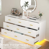 Walmokid 9 Drawer Dresser for Bedroom, 55'' W Highly Reflective Modern Chest of Drawers with LED Light, Wooden Dresser Organizer Cabinet for Living Room, Entryway (White) Walmokid