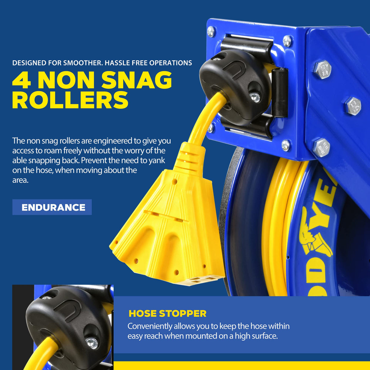 Goodyear Extension Cord Reel Retractable 14AWG x 100' Feet 3C SJTOW Cable Triple Tap Connector Power Rating 125 Volt AC 13 Amp 1625 Watt Industrial Steel Single Arm Goodyear