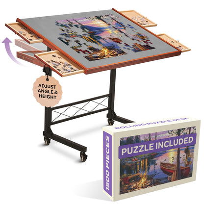 JoyBerri Jigsaw Puzzle Table/Rolling Puzzle Desk - 1500 Piece Puzzle Board with Bonus Puzzle/Portable Jigsaw Puzzle Tables with Drawers and Legs - Height Adjustable for Adults and Kids - WoodArtSupply