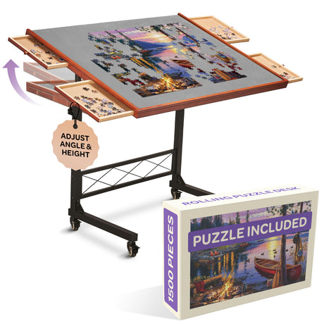 JoyBerri Jigsaw Puzzle Table/Rolling Puzzle Desk - 1500 Piece Puzzle Board with Bonus Puzzle/Portable Jigsaw Puzzle Tables with Drawers and Legs - Height Adjustable for Adults and Kids JOYBERRI
