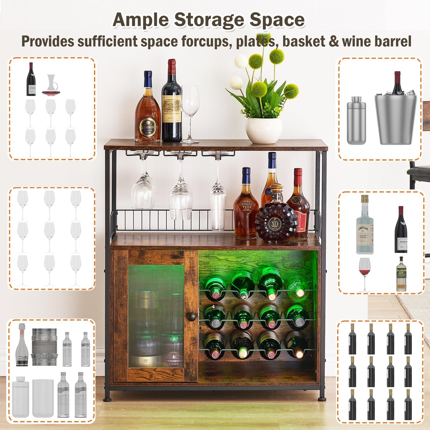 J-yaamiZz Wine Bar Cabinet with Led Lights & Removable Wine Racks, Multifunctional Bar Cabinet with 3 Rows Glass Holder and Acrylic Door for Liquor and Glasses, for Kitchen, Dining Room (Brow - WoodArtSupply