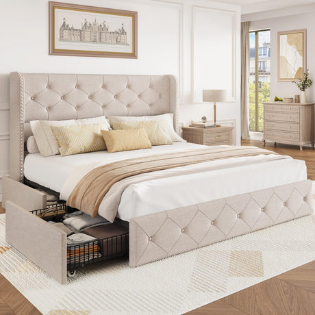 BRELTAM Full Size Bed Frame with Storage Drawers and Wingback Headboard Linen Upholstered Platform Bed Frame Tufted Beds with Heavy Duty Wood Slats, Noise Free, Easy Assembly, Beige BRELTAM