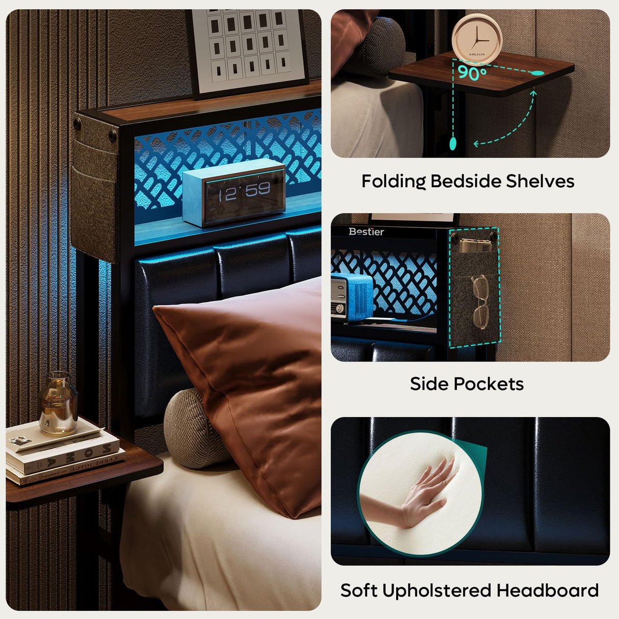 Bestier Queen Bed Frame with Upholstered Headboard, Charging Station & LED Lights - Walnut Bestier