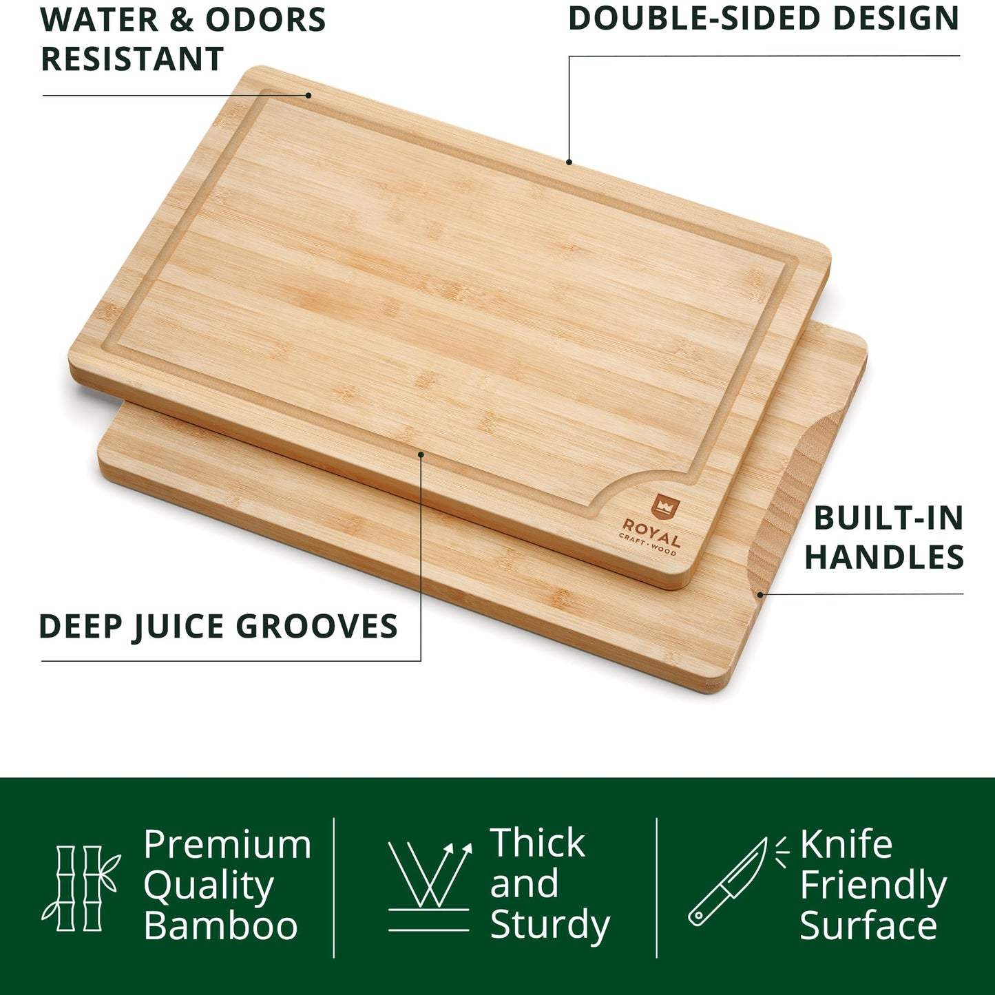 ROYAL CRAFT WOOD Bamboo Cutting Board with Juice Groove - Kitchen Chopping Board for Meat Cheese and Vegetables, Heavy Duty Serving Tray w/Handles (Large,10 x 15")