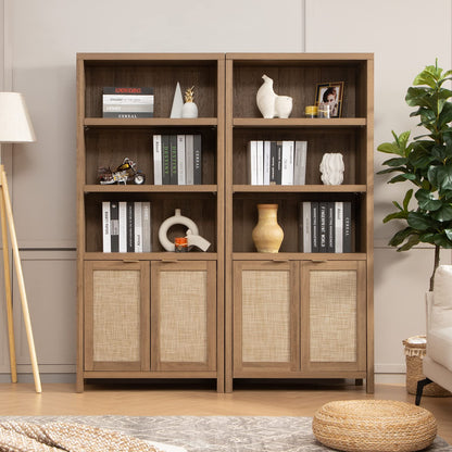 SICOTAS 5-Tier Boho Rattan Bookcase with Doors - Farmhouse Large Bookshelf in Reclaimed Caramel Oak - WoodArtSupply