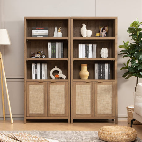 SICOTAS 5-Tier Boho Rattan Bookcase with Doors - Farmhouse Large Bookshelf in Reclaimed Caramel Oak SICOTAS