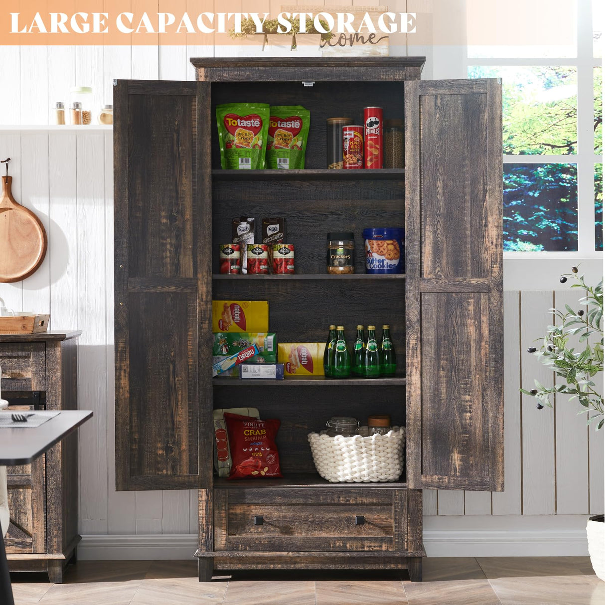 AMERLIFE 2 Pcs Farmhouse Kitchen Pantry Cabinet, 72" Tall Storage Cabinet with Adjustable Shelves & Barn Doors & Drawer, Freestanding Kitchen Cupboard for Dining Room, Living Room, Dark Rustic Oak AMERLIFE