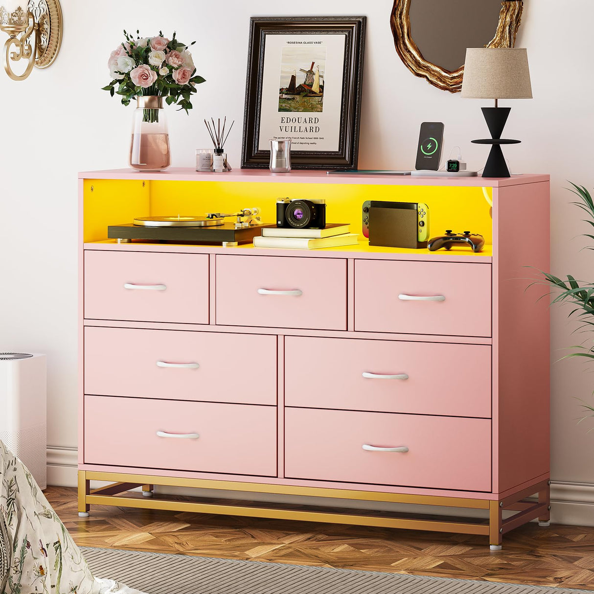 Pink Dresser for Bedroom, Modern 7 Drawers Long Dresser with Charging Station and LED Lights Design, Wooden Large Capacity Storage Chest of Drawers, Wide Dresser for Living Room, Hallway Patikuin