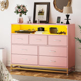 Pink Dresser for Bedroom, Modern 7 Drawers Long Dresser with Charging Station and LED Lights Design, Wooden Large Capacity Storage Chest of Drawers, Wide Dresser for Living Room, Hallway Patikuin