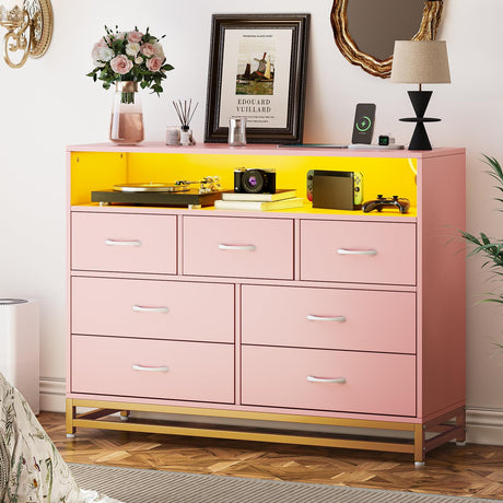 Pink Dresser for Bedroom, Modern 7 Drawers Long Dresser with Charging Station and LED Lights Design, Wooden Large Capacity Storage Chest of Drawers, Wide Dresser for Living Room, Hallway Patikuin