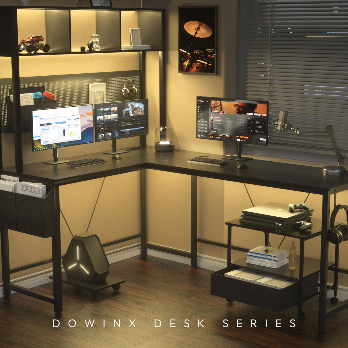 Dowinx L Shaped Desk with Pegboard and Removable Filing Cabinet, Reversible 67” Computer Gaming Desk with Power Outlet and Led, Office Corner Desk with Storage for Home Game, Black Dowinx