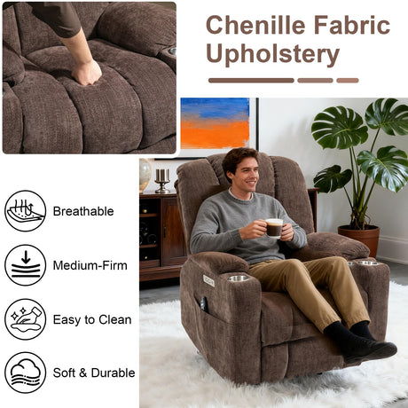 RHHVVR Power Lift Recliner Chair for Eldery, Chenille Electric Recliner Chairs with Massage and Heat, Remote Control Standing Assistance Lay Flat Recliner Sofa for Living Room Medium-Firm,Brown RHHVVR
