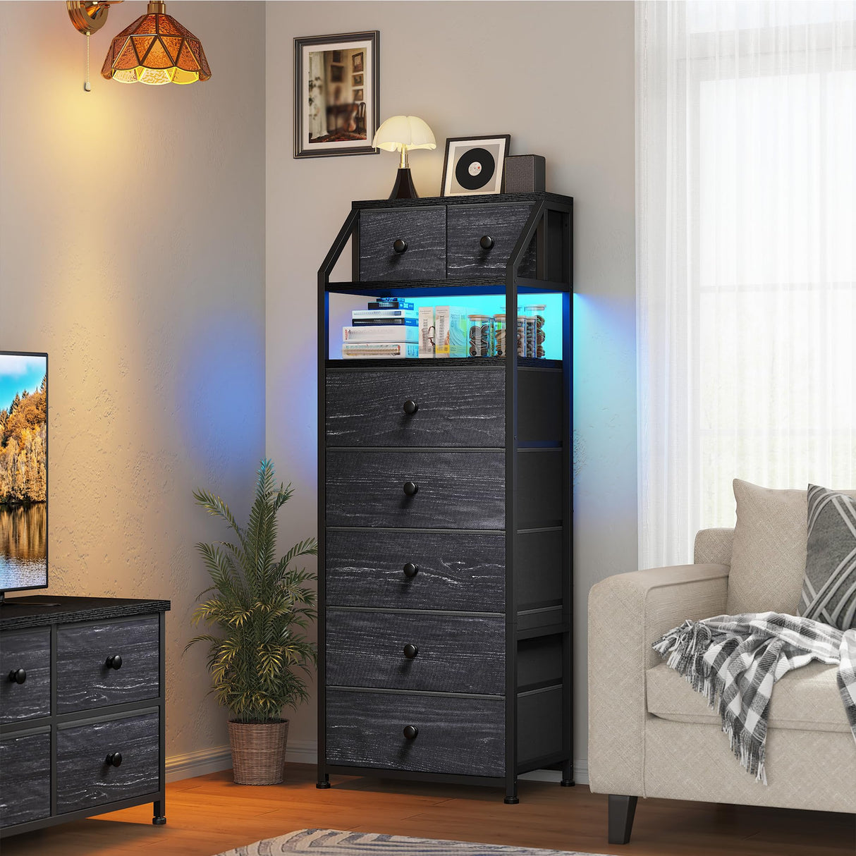 51.2" H Dresser for Bedroom with LED Lights, Night Stand with 7 Drawers, Dressers & Chests of Drawers with Open Wood Shelf, Metal Frame, Bedside Table with Fabric Storage Bins, Black EnHomee