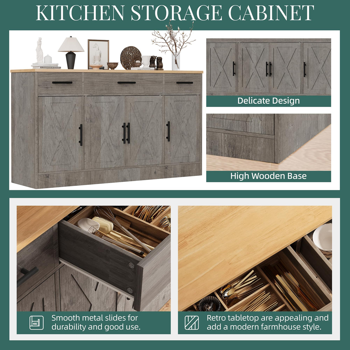 Shintenchi Buffet Cabinet with Storage,53.4" Large Kitchen Storage Cabinet with 3 Drawers and 4 Doors,Wood Farmhouse Buffet Sideboard with Adjustable Shelf for Kitchen Living Room,Ash Grey Shintenchi