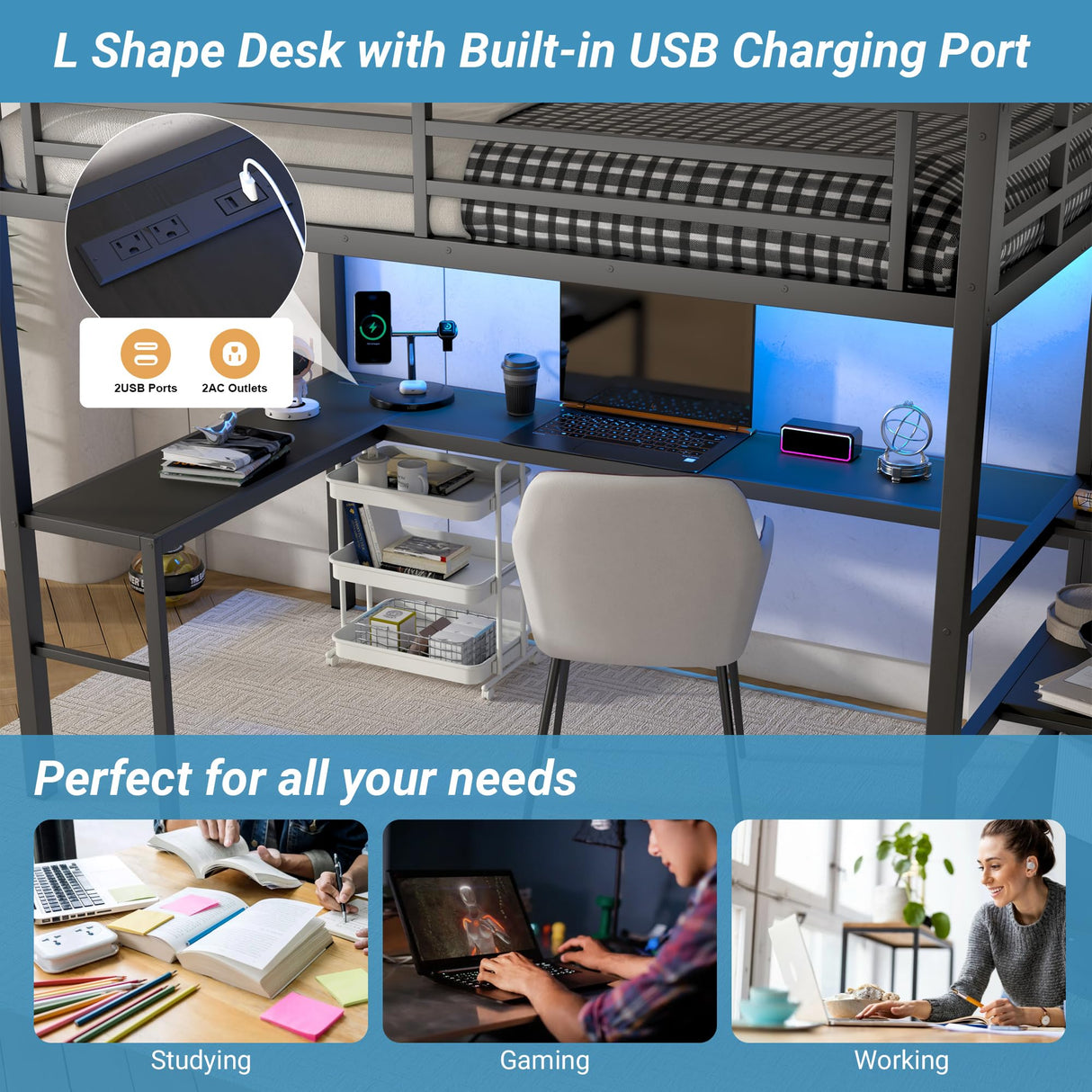 MAKIAAP Full Metal Loft Bed with Desk, Wardrobe & Storage Stairs – Heavy Duty Frame with LED Lights & Charging Station, Space-Saving Design for Adults & Teens (Black, Full) MAKIAAP