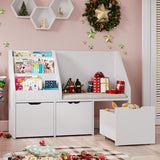 40" Kids Reading Nook with Bench, Toy Storage Organizer and Bookshelf with Seat Cushion, Kids Bookshelf with 3 Movable Drawers, Toy Storage Box on Wheels, Ideal for Nursery, Playroom, Bedroom, White Teckid