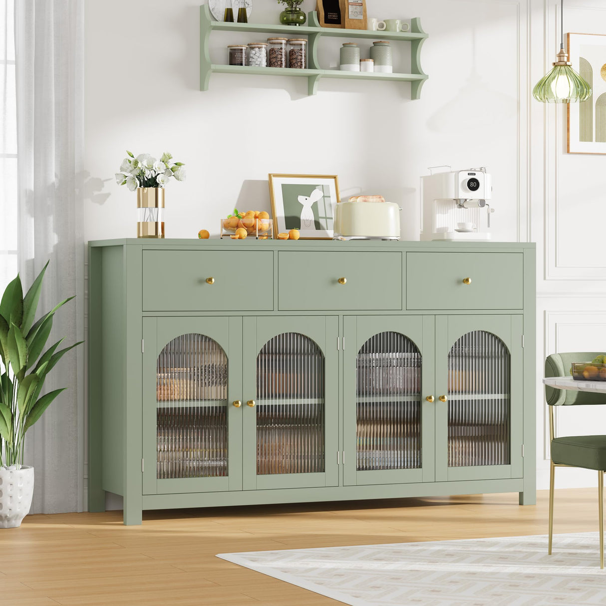 FINETONES Buffet Cabinet with Storage, 55.1" Large Sideboard Buffet, Farmhouse Kitchen Cabinet with 3 Drawers and 4 Doors, Wood Coffee Bar Table for Kitchen, Green FINETONES