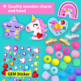 KRAFUN Unicorn Bracelet Craft Kit for Kids, Premium Wooden Beads, 14 Easy DIY Friendship Bracelets, Charms, Gem Stickers, Instructions, Gift for Girls KRAFUN