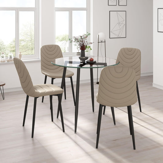 Anchorhome Modern 5-Piece 35.4" Round Glass Dining Room Table Set with Faux Leather Chairs for 4 Person - Space-Saving Kitchen Furniture for Small Apartments (5-PIECE(Beige))