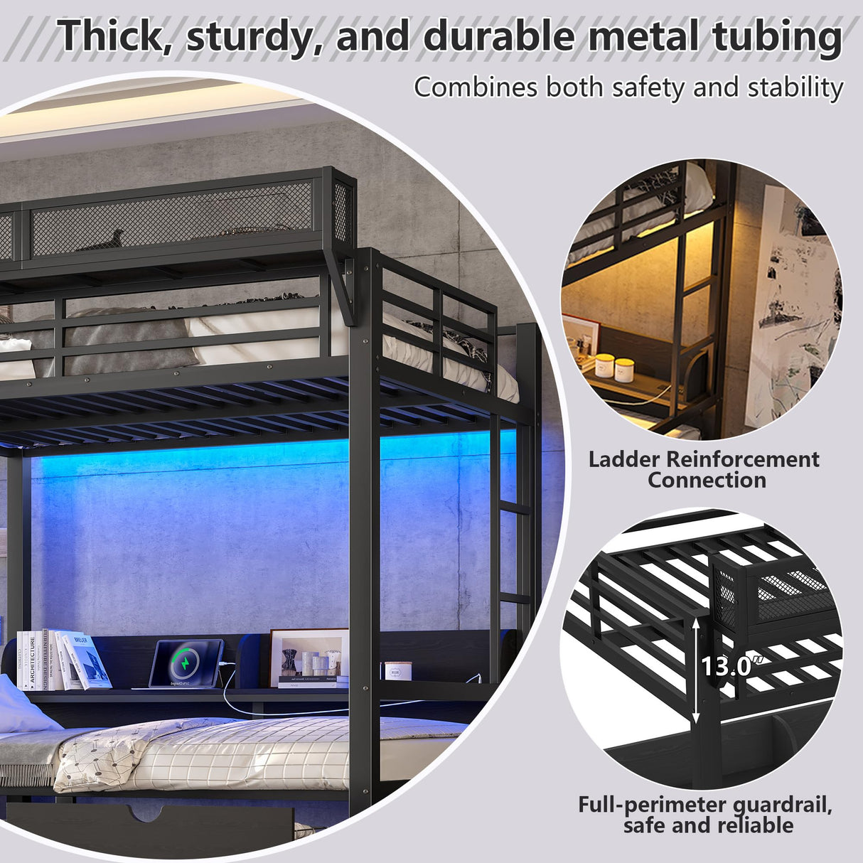 Full over Full Bunk Bed with Storage Shelves and Drawers, Metal Bunk Beds with Lights and USB Ports, Lower Bunkbed Can be Converted, for Guest Room, Bedroom, Dorms, Muti-function and Noise-Free, Black Bellemave