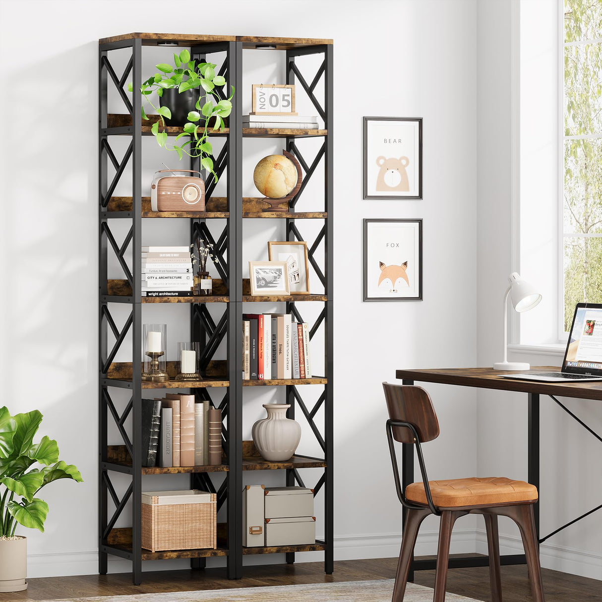 Condemo 78.7 Inch Extra Tall Narrow Bookshelf with LED Light, 7 Tier Skinny Bookcase for Small Space, Freestanding Display Corner Shelf, Modern Industrial Storage Organizer for Home Office, Brown Condemo