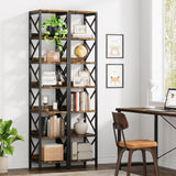 Condemo 78.7 Inch Extra Tall Narrow Bookshelf with LED Light, 7 Tier Skinny Bookcase for Small Space, Freestanding Display Corner Shelf, Modern Industrial Storage Organizer for Home Office, Brown Condemo