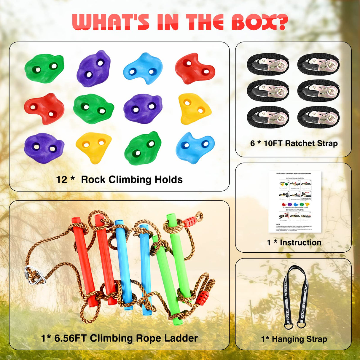 TOPNEW 12 Ninja Tree Climbing Holds for Tree Climber, Tree Climbing Kit with 6.6FT Rope Ladder for Outdoor Ninja Warrior Obstacle Course Training TOPNEW