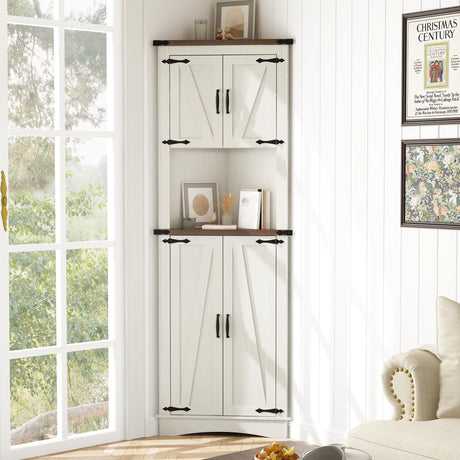 chartustriable 68" Tall Farmhouse Corner Cabinet, Corner Storage Cabinet with 4 Doors and Adjustable Shelves, Tall Barn Door Corner Cabinet with 5 Storage Shelves, for Kitchen, Bathroom, Antique White chartustriable