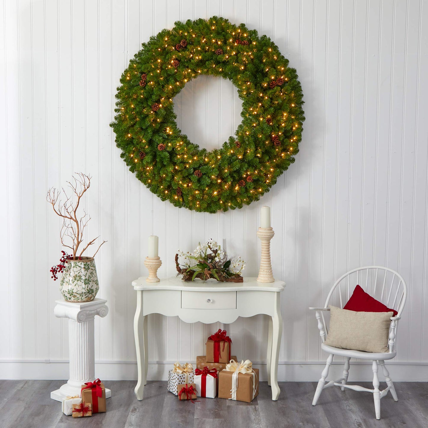 Nearly Natural 5ft. Giant Artificial Christmas Wreath with 280 Warm White Lights and Pine Cones