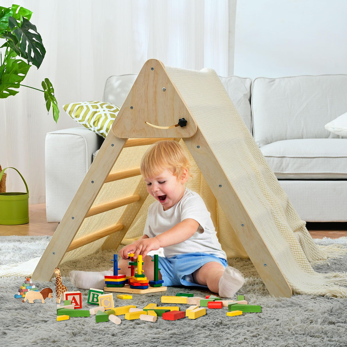 Pikler Triangle Set, Foldable Climbing Play Gym with Arch, Ramp, and Climbing Triangle, Wodden Toddler Climbing Toys Indoor, Montessori Learning Toy for Kids 2-12 Years OLLIKIVI