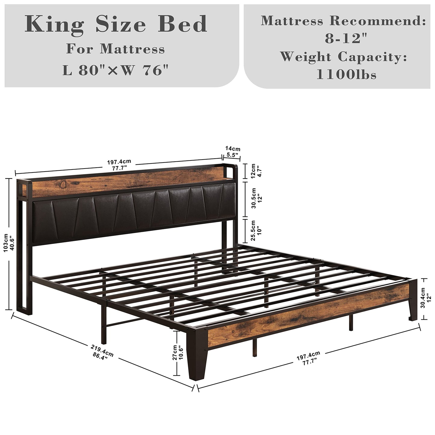 LIKIMIO King Bed Frame, Storage Headboard with Charging Station, Solid and Stable, Noise Free, No Box Spring Needed, Easy Assembly (Vintage and