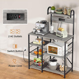 Shintenchi Kitchen Bakers Rack with Power Outlet, Multifunctional Organizer & Storage with 6 Hooks, Microwave Oven Stand, and Coffee Station Shelf, Grey Shintenchi