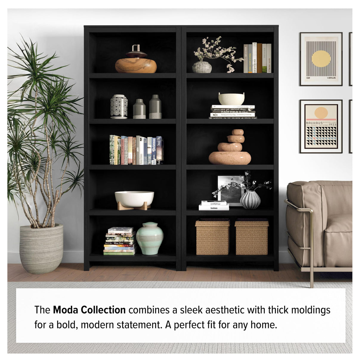 Prepac Moda 5-Tier Tall Wooden Bookcase, Black Storage Cabinet, Display Cabinet, Bookshelf with Storage Shelves 31.75" W x 80" H x 12" D for Home Office, Living Room, Bedroom Organizer Prepac