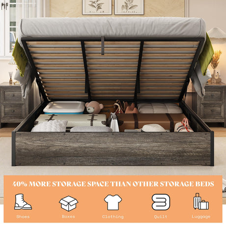 AMERLIFE Lift Up Storage Bed, King Bed Frame with Storage Underneath, Wooden Platform Bed Frame, Solid Wood Slats Support, No Fixed Headboard, No Box Spring Needed, Rustic Grey AMERLIFE