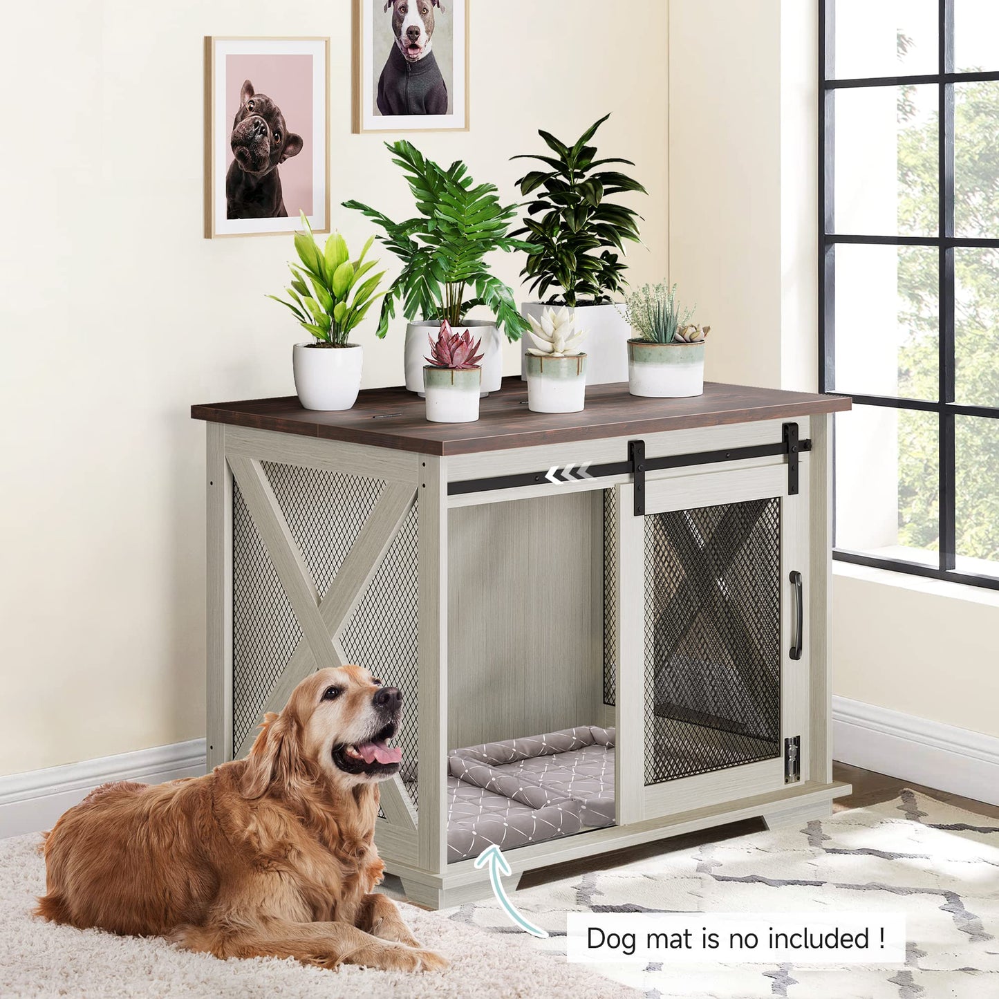 TROPOW Dog Crate Furniture with Flip Top, Dog Kennel Indoor with Sliding Door, Medium Dog Crate with Removable Divider, Wooden Dog Cage Furniture, Dog Crate Side Table, White - WoodArtSupply