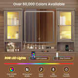 MSmask Vanity Desk with LED Mirror & 3 Color Modes, Large Makeup Vanity with 2 RGB Lights Cabinets, Glass Top Vanity Table with 5 Drawers & Power Outlet, Farmhouse Vanity, Grey MSmask