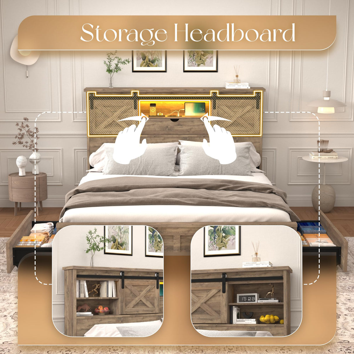 HMYFGD Farmhouse Queen Size Bed Frame with Storage Bookcase Headboard, Wooden Bed with LED Lights, Charging Station, 2 Drawers, Rustic Bed Frame with Sliding Barn Door for Bedroom (Grey Oak, Queen) HMYFGD