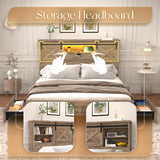 HMYFGD Farmhouse Queen Size Bed Frame with Storage Bookcase Headboard, Wooden Bed with LED Lights, Charging Station, 2 Drawers, Rustic Bed Frame with Sliding Barn Door for Bedroom (Grey Oak, Queen) HMYFGD